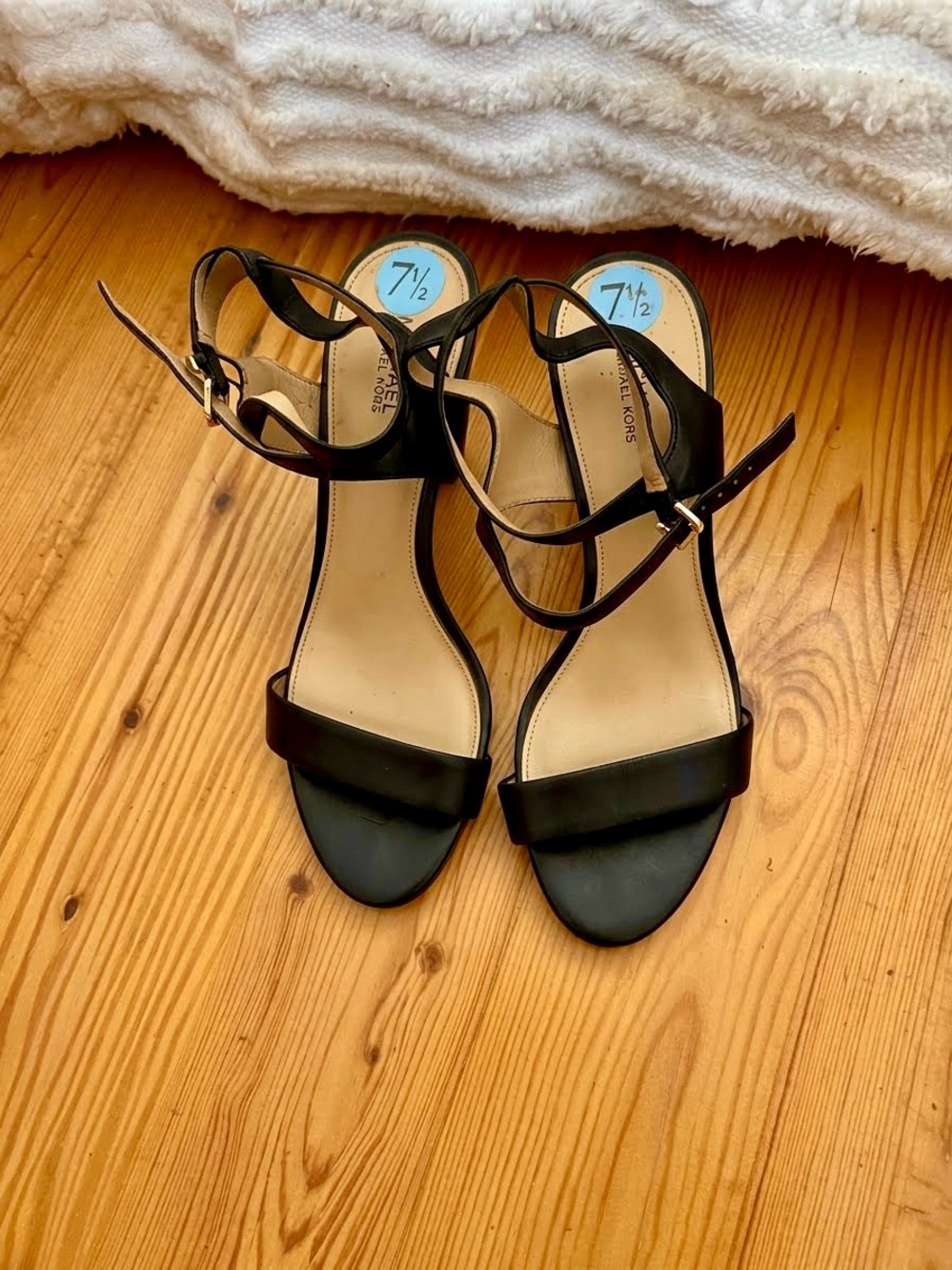 Michael Kors Black Strappy Leather Sandals with Gold Buckle